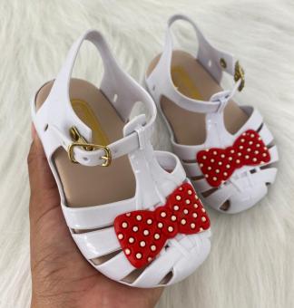SANDALIA ARANHA REDONDA BABY BRANCA LAÇO BOLINHA VERMELHO - Código 1245-1