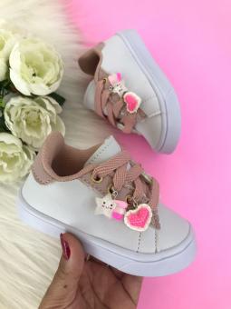 TENIS BABY PINGENTES BCO/ROSE ESTRELA/CORACAO - Código 2218-1